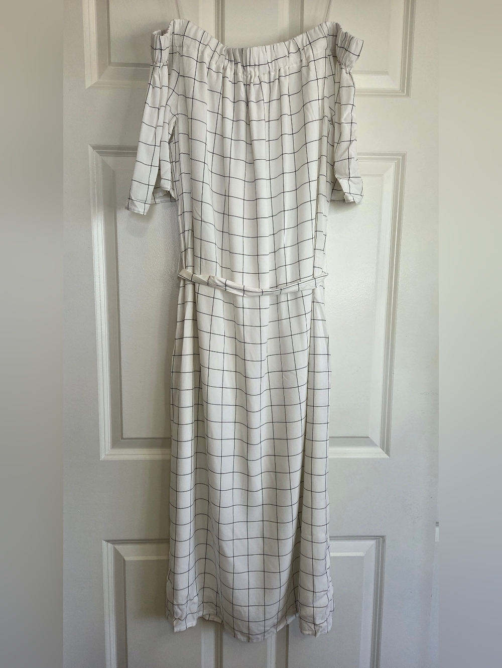 Charles Henry Ivory Checkered/Grid Off-the-Shoulder Midi Dress - Size XL - Picture 3 of 13